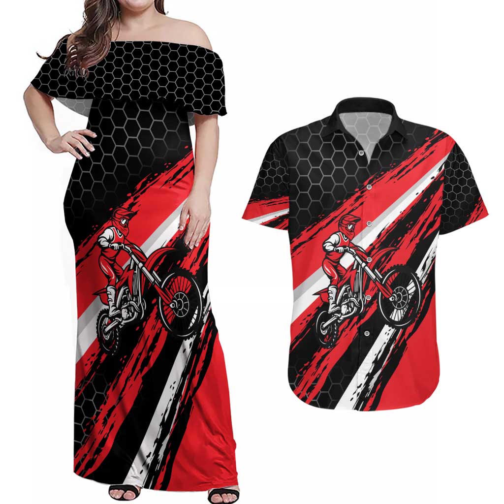 Custom Dirt Bike Couples Matching Off Shoulder Maxi Dress and Hawaiian Shirt Motocross Rider Red Black Hex Pattern and Racing Number - Wonder Print Shop