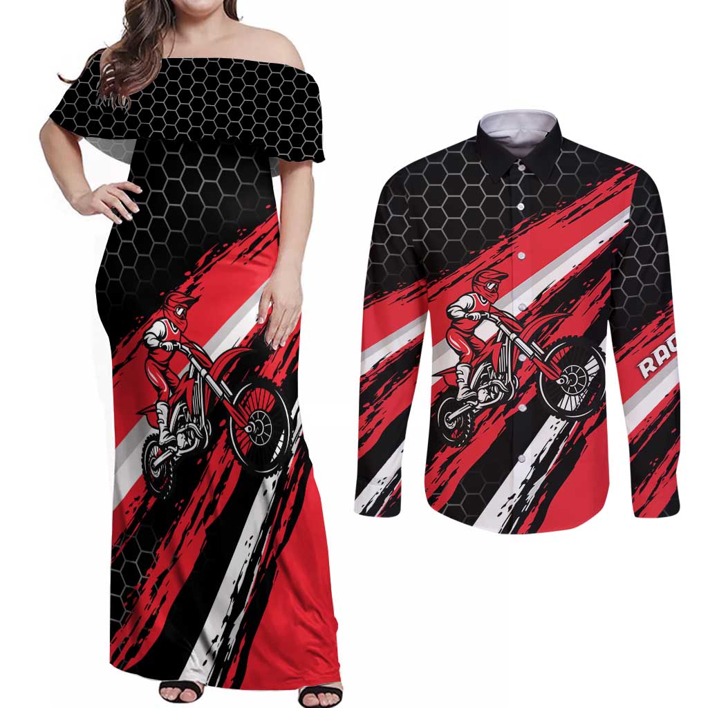 Custom Dirt Bike Couples Matching Off Shoulder Maxi Dress and Long Sleeve Button Shirt Motocross Rider Red Black Hex Pattern and Racing Number - Wonder Print Shop