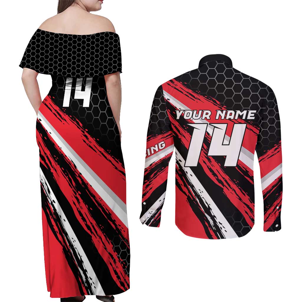 Custom Dirt Bike Couples Matching Off Shoulder Maxi Dress and Long Sleeve Button Shirt Motocross Rider Red Black Hex Pattern and Racing Number - Wonder Print Shop