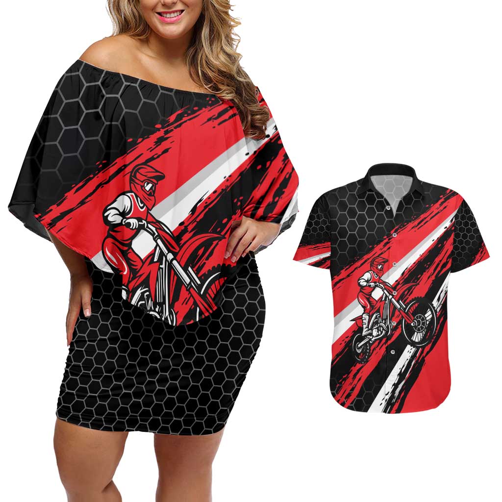 Custom Dirt Bike Couples Matching Off Shoulder Short Dress and Hawaiian Shirt Motocross Rider Red Black Hex Pattern and Racing Number - Wonder Print Shop