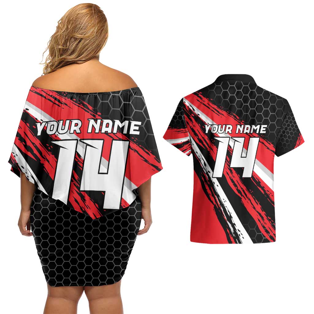 Custom Dirt Bike Couples Matching Off Shoulder Short Dress and Hawaiian Shirt Motocross Rider Red Black Hex Pattern and Racing Number - Wonder Print Shop