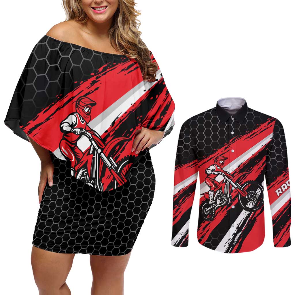 Custom Dirt Bike Couples Matching Off Shoulder Short Dress and Long Sleeve Button Shirt Motocross Rider Red Black Hex Pattern and Racing Number - Wonder Print Shop