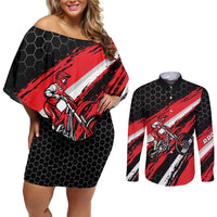 Custom Dirt Bike Couples Matching Off Shoulder Short Dress and Long Sleeve Button Shirt Motocross Rider Red Black Hex Pattern and Racing Number - Wonder Print Shop