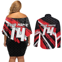 Custom Dirt Bike Couples Matching Off Shoulder Short Dress and Long Sleeve Button Shirt Motocross Rider Red Black Hex Pattern and Racing Number - Wonder Print Shop