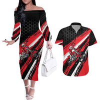 Custom Dirt Bike Couples Matching Off The Shoulder Long Sleeve Dress and Hawaiian Shirt Motocross Rider Red Black Hex Pattern and Racing Number - Wonder Print Shop
