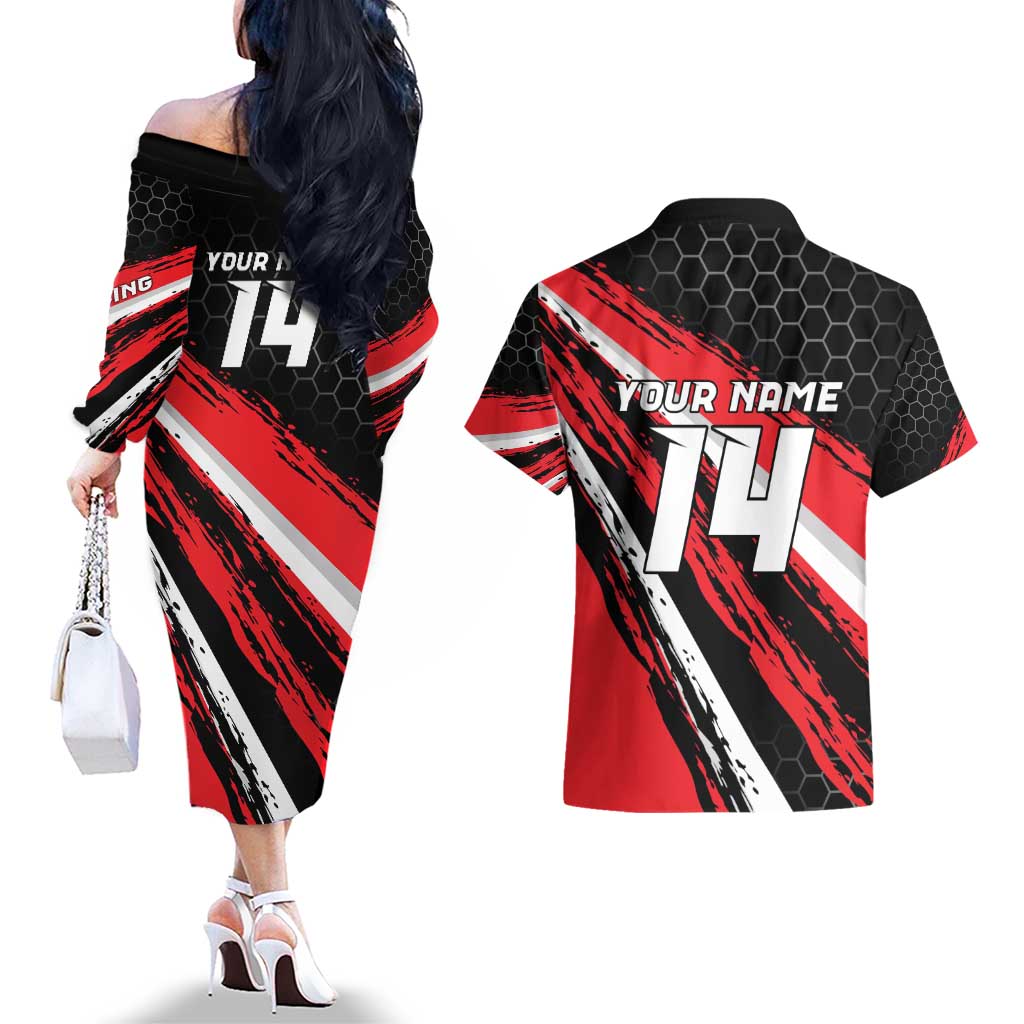 Custom Dirt Bike Couples Matching Off The Shoulder Long Sleeve Dress and Hawaiian Shirt Motocross Rider Red Black Hex Pattern and Racing Number - Wonder Print Shop