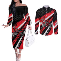 Custom Dirt Bike Couples Matching Off The Shoulder Long Sleeve Dress and Long Sleeve Button Shirt Motocross Rider Red Black Hex Pattern and Racing Number - Wonder Print Shop