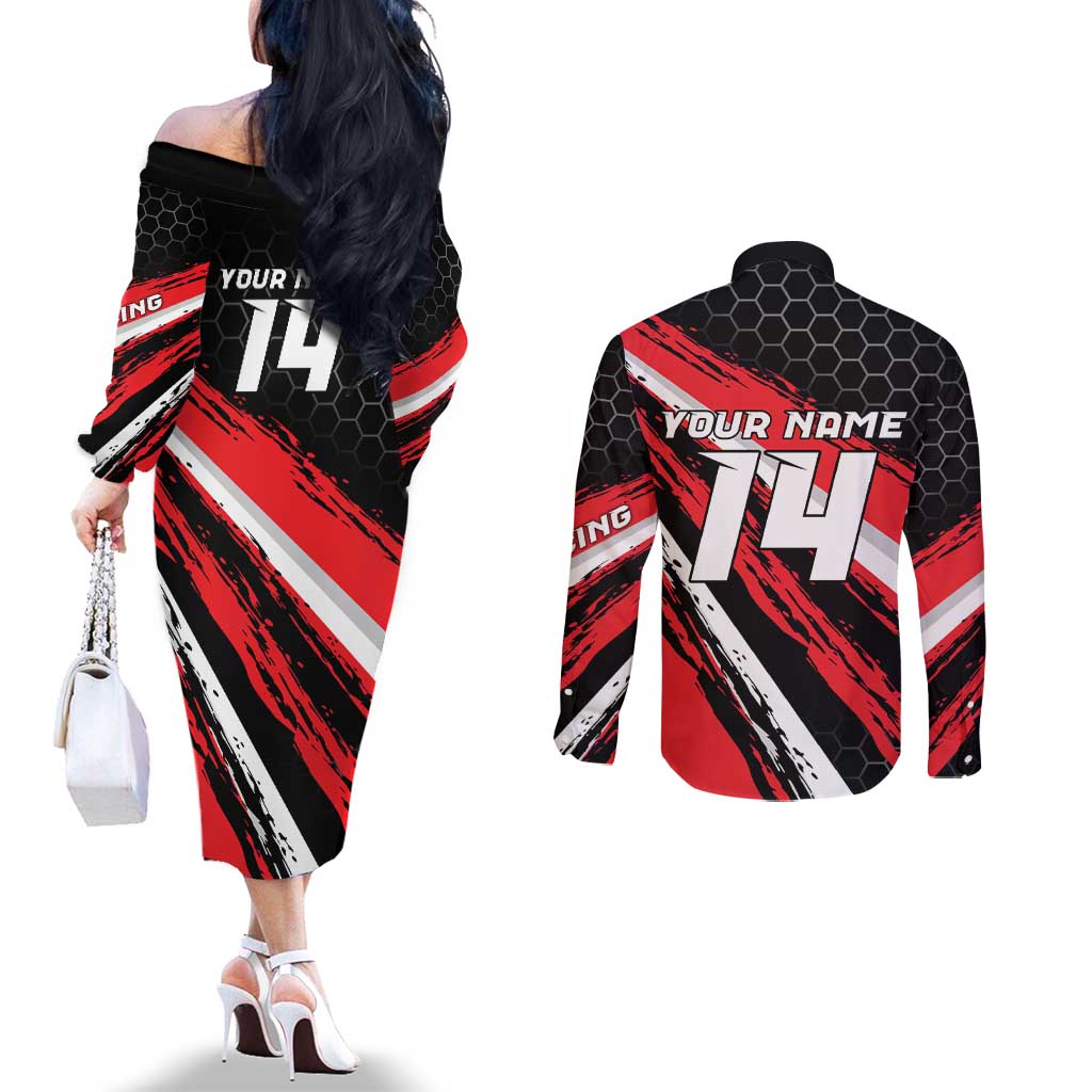 Custom Dirt Bike Couples Matching Off The Shoulder Long Sleeve Dress and Long Sleeve Button Shirt Motocross Rider Red Black Hex Pattern and Racing Number - Wonder Print Shop