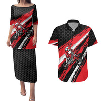 Custom Dirt Bike Couples Matching Puletasi and Hawaiian Shirt Motocross Rider Red Black Hex Pattern and Racing Number - Wonder Print Shop