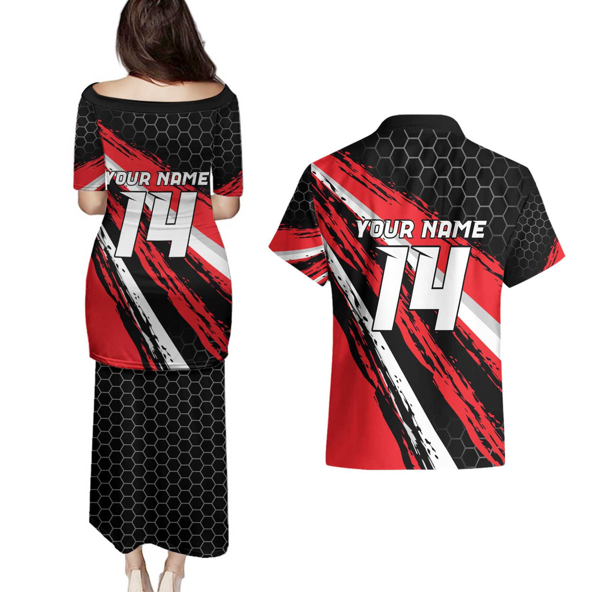 Custom Dirt Bike Couples Matching Puletasi and Hawaiian Shirt Motocross Rider Red Black Hex Pattern and Racing Number - Wonder Print Shop