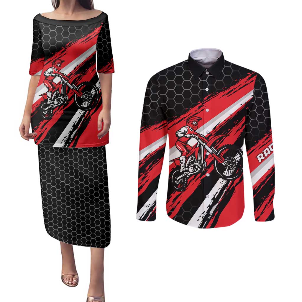 Custom Dirt Bike Couples Matching Puletasi and Long Sleeve Button Shirt Motocross Rider Red Black Hex Pattern and Racing Number - Wonder Print Shop