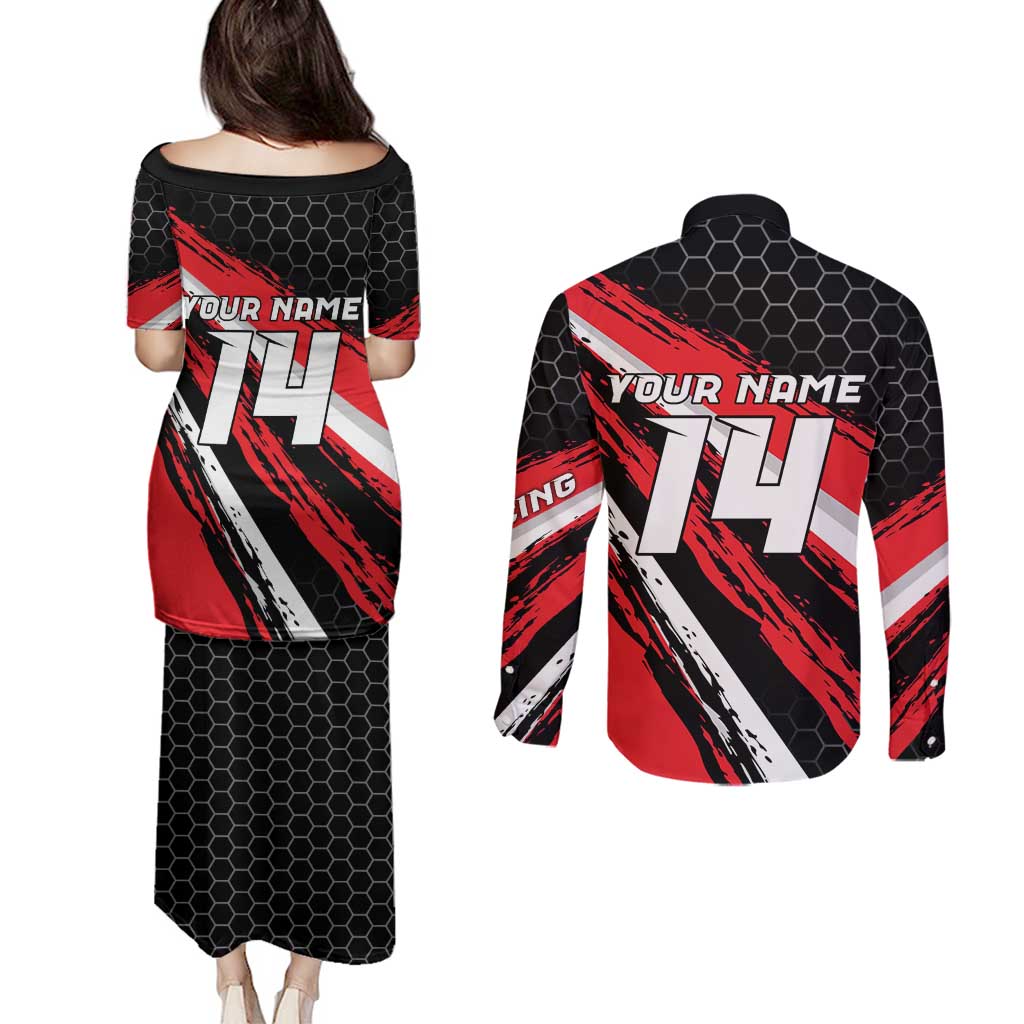 Custom Dirt Bike Couples Matching Puletasi and Long Sleeve Button Shirt Motocross Rider Red Black Hex Pattern and Racing Number - Wonder Print Shop