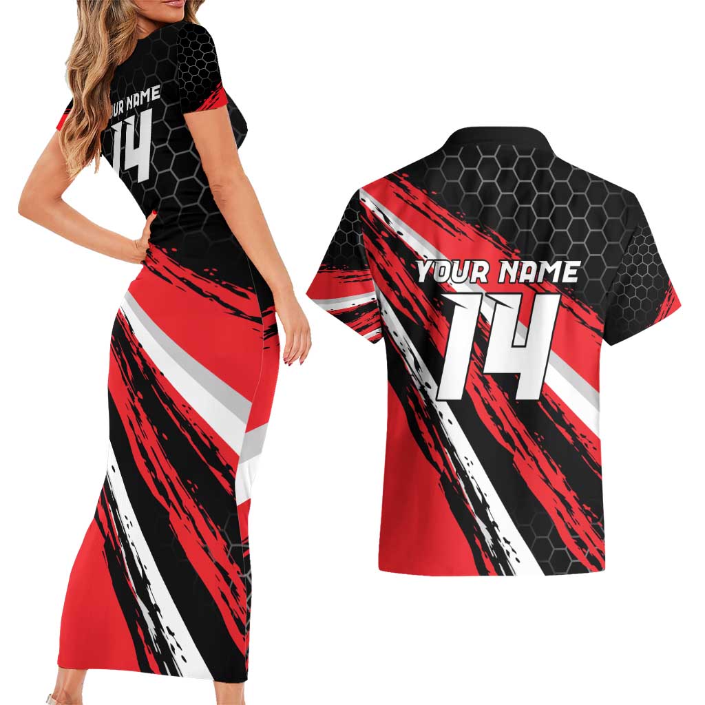 Custom Dirt Bike Couples Matching Short Sleeve Bodycon Dress and Hawaiian Shirt Motocross Rider Red Black Hex Pattern and Racing Number - Wonder Print Shop