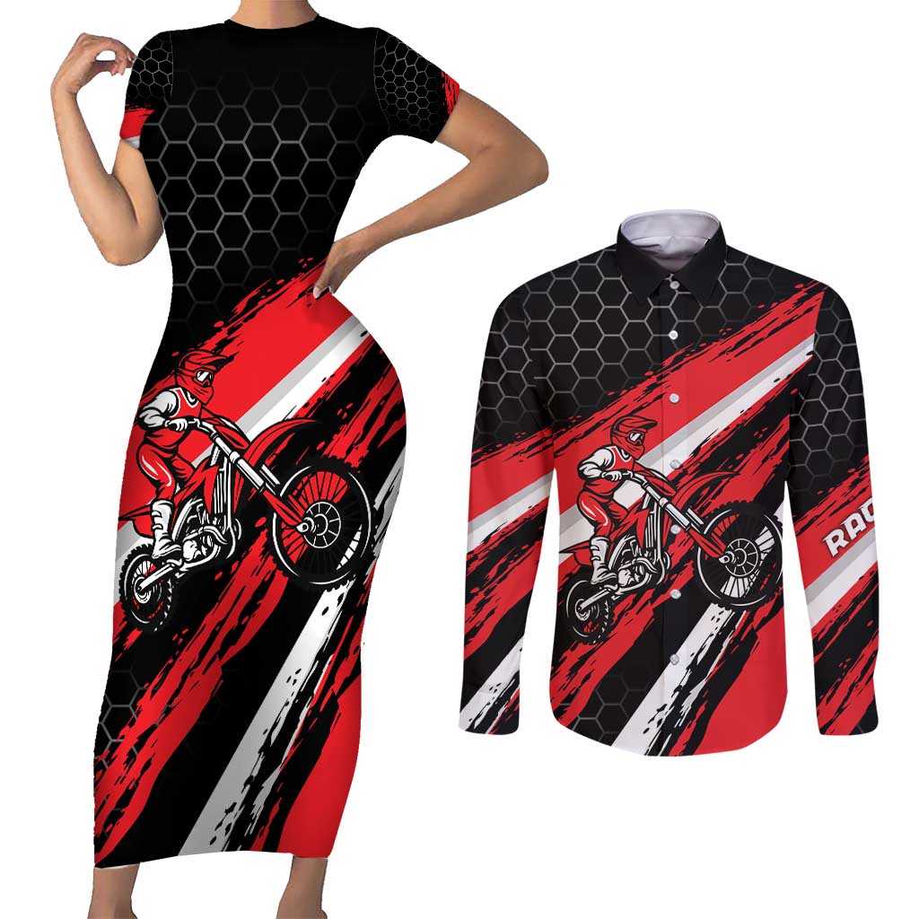 Custom Dirt Bike Couples Matching Short Sleeve Bodycon Dress and Long Sleeve Button Shirt Motocross Rider Red Black Hex Pattern and Racing Number - Wonder Print Shop