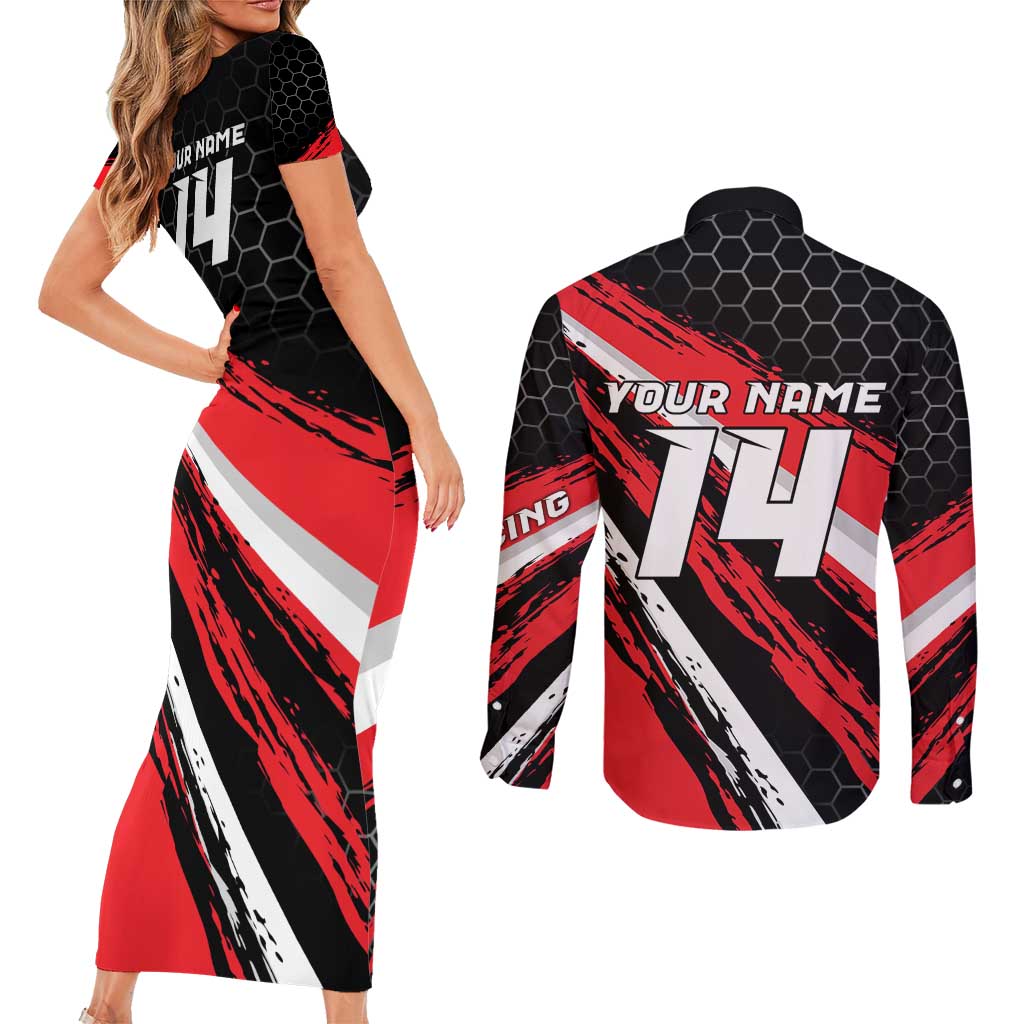 Custom Dirt Bike Couples Matching Short Sleeve Bodycon Dress and Long Sleeve Button Shirt Motocross Rider Red Black Hex Pattern and Racing Number - Wonder Print Shop