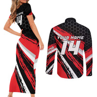 Custom Dirt Bike Couples Matching Short Sleeve Bodycon Dress and Long Sleeve Button Shirt Motocross Rider Red Black Hex Pattern and Racing Number - Wonder Print Shop
