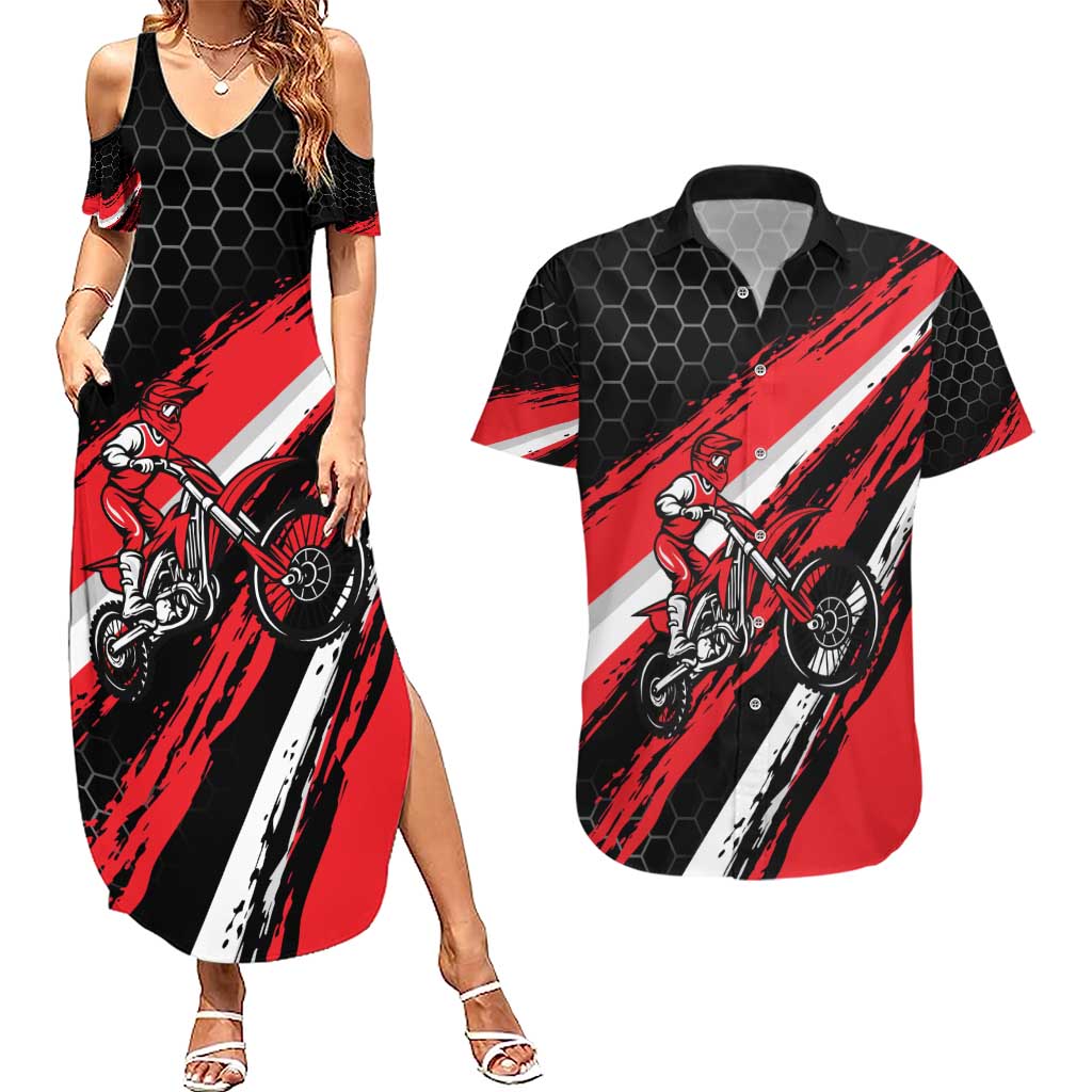 Custom Dirt Bike Couples Matching Summer Maxi Dress and Hawaiian Shirt Motocross Rider Red Black Hex Pattern and Racing Number - Wonder Print Shop