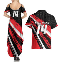 Custom Dirt Bike Couples Matching Summer Maxi Dress and Hawaiian Shirt Motocross Rider Red Black Hex Pattern and Racing Number - Wonder Print Shop