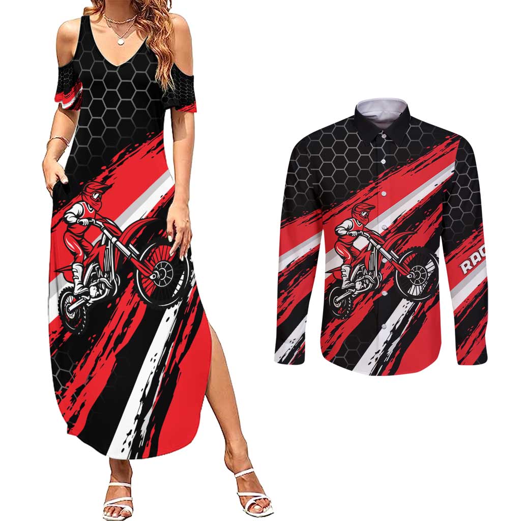 Custom Dirt Bike Couples Matching Summer Maxi Dress and Long Sleeve Button Shirt Motocross Rider Red Black Hex Pattern and Racing Number - Wonder Print Shop
