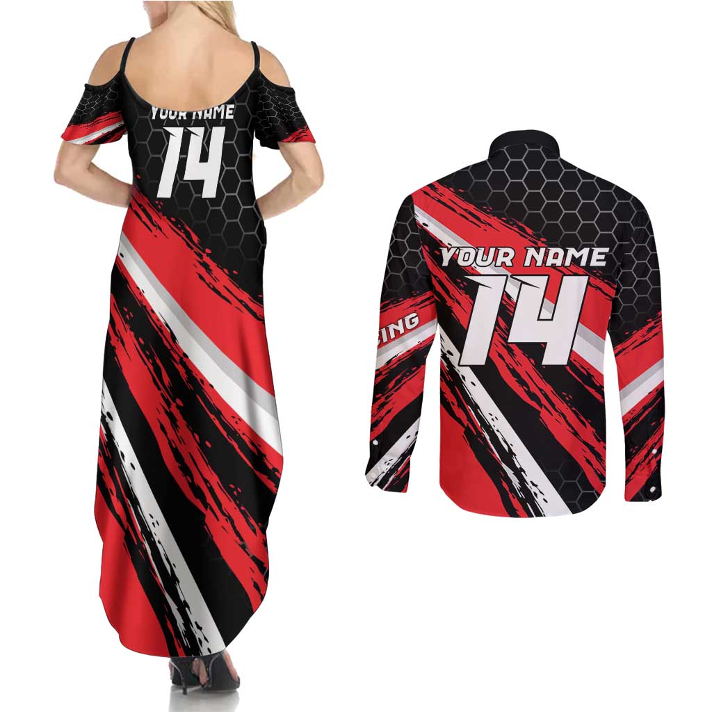 Custom Dirt Bike Couples Matching Summer Maxi Dress and Long Sleeve Button Shirt Motocross Rider Red Black Hex Pattern and Racing Number - Wonder Print Shop