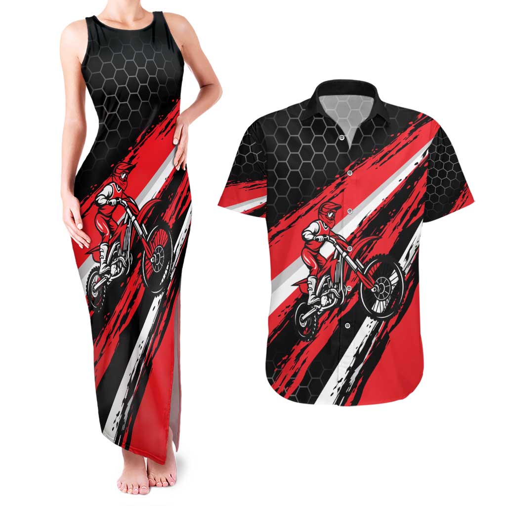 Custom Dirt Bike Couples Matching Tank Maxi Dress and Hawaiian Shirt Motocross Rider Red Black Hex Pattern and Racing Number - Wonder Print Shop