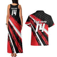 Custom Dirt Bike Couples Matching Tank Maxi Dress and Hawaiian Shirt Motocross Rider Red Black Hex Pattern and Racing Number - Wonder Print Shop