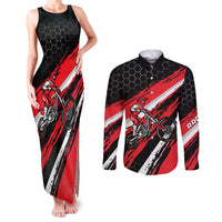 Custom Dirt Bike Couples Matching Tank Maxi Dress and Long Sleeve Button Shirt Motocross Rider Red Black Hex Pattern and Racing Number - Wonder Print Shop
