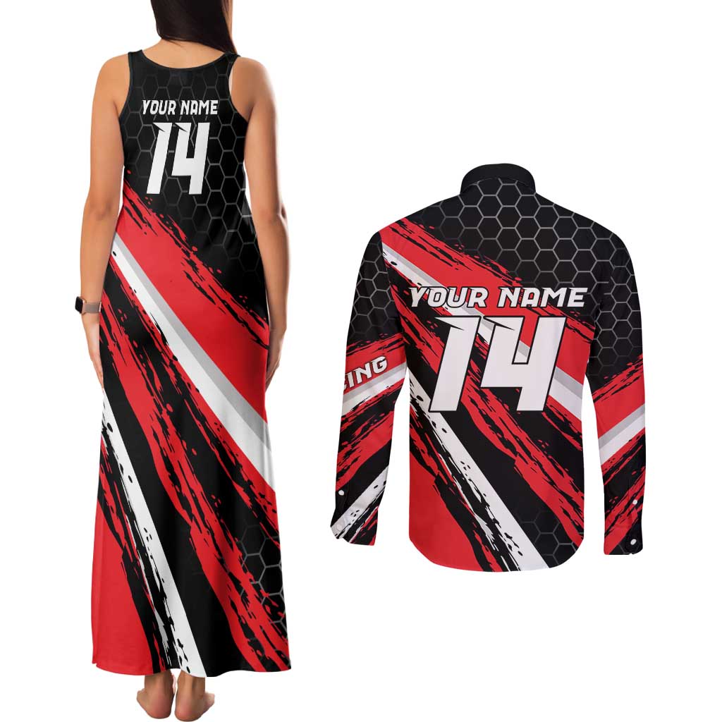 Custom Dirt Bike Couples Matching Tank Maxi Dress and Long Sleeve Button Shirt Motocross Rider Red Black Hex Pattern and Racing Number - Wonder Print Shop