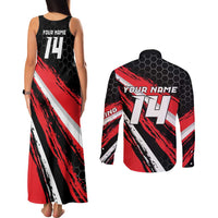 Custom Dirt Bike Couples Matching Tank Maxi Dress and Long Sleeve Button Shirt Motocross Rider Red Black Hex Pattern and Racing Number - Wonder Print Shop