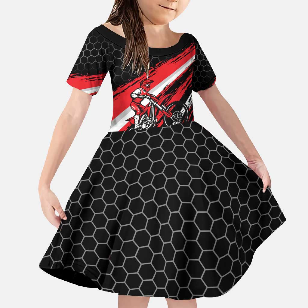 Custom Dirt Bike Family Matching Long Sleeve Bodycon Dress and Hawaiian Shirt Motocross Rider Red Black Hex Pattern and Racing Number - Wonder Print Shop