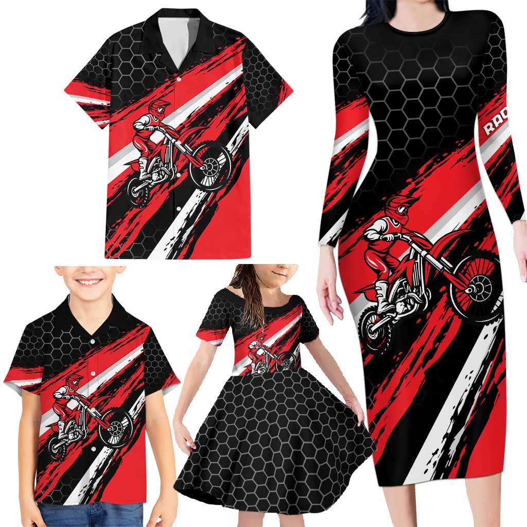 Custom Dirt Bike Family Matching Long Sleeve Bodycon Dress and Hawaiian Shirt Motocross Rider Red Black Hex Pattern and Racing Number - Wonder Print Shop