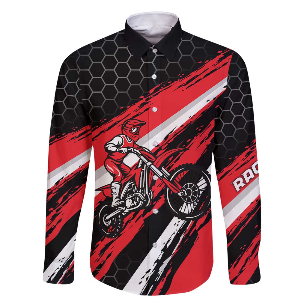 Custom Dirt Bike Family Matching Long Sleeve Bodycon Dress and Hawaiian Shirt Motocross Rider Red Black Hex Pattern and Racing Number - Wonder Print Shop