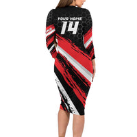 Custom Dirt Bike Family Matching Long Sleeve Bodycon Dress and Hawaiian Shirt Motocross Rider Red Black Hex Pattern and Racing Number - Wonder Print Shop