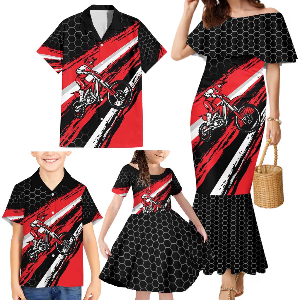 Custom Dirt Bike Family Matching Mermaid Dress and Hawaiian Shirt Motocross Rider Red Black Hex Pattern and Racing Number - Wonder Print Shop