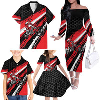 Custom Dirt Bike Family Matching Off The Shoulder Long Sleeve Dress and Hawaiian Shirt Motocross Rider Red Black Hex Pattern and Racing Number - Wonder Print Shop