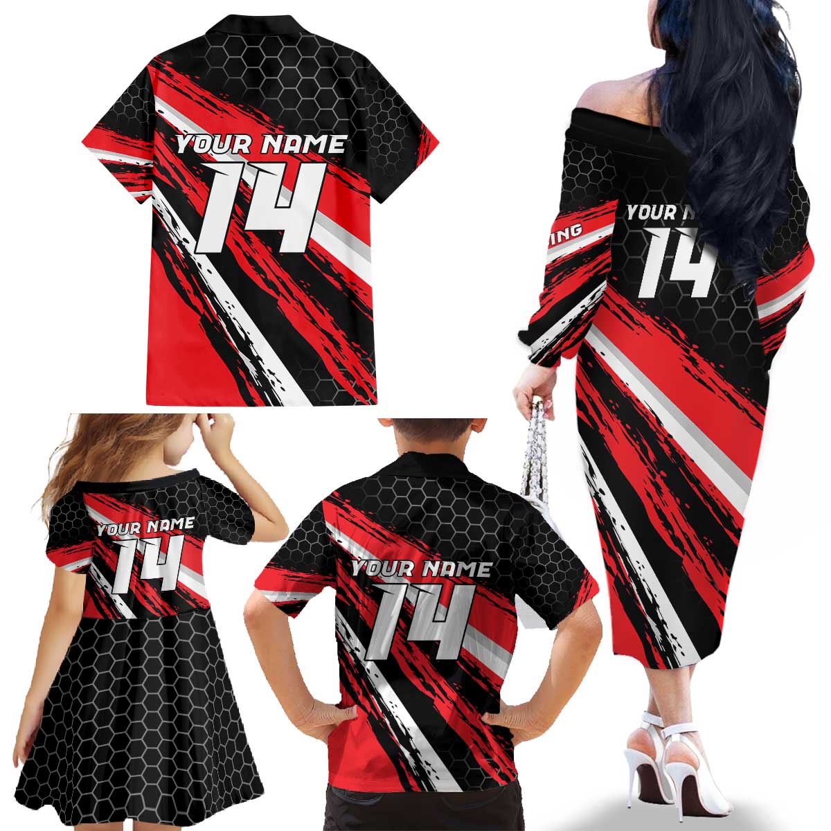 Custom Dirt Bike Family Matching Off The Shoulder Long Sleeve Dress and Hawaiian Shirt Motocross Rider Red Black Hex Pattern and Racing Number - Wonder Print Shop