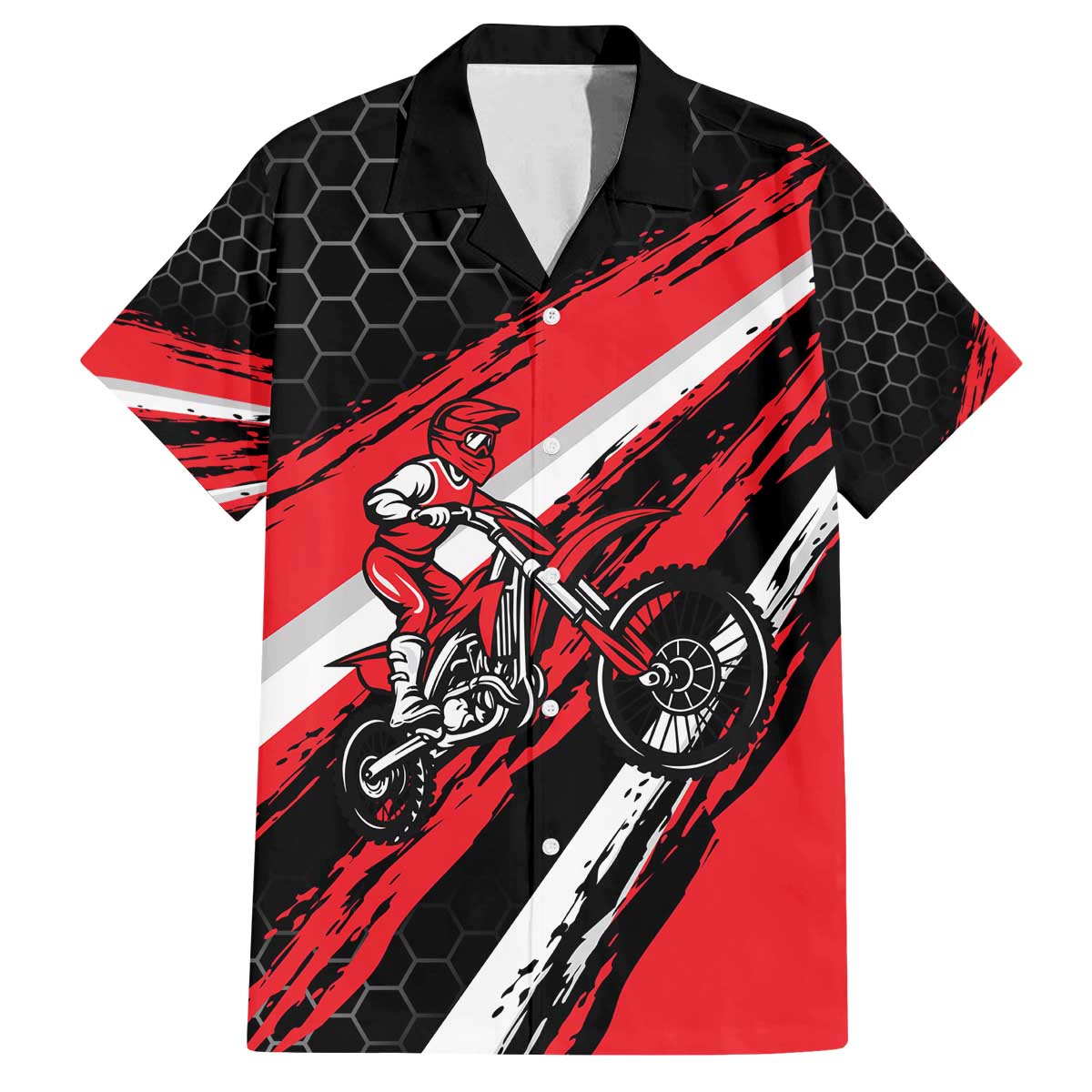 Custom Dirt Bike Family Matching Off The Shoulder Long Sleeve Dress and Hawaiian Shirt Motocross Rider Red Black Hex Pattern and Racing Number - Wonder Print Shop