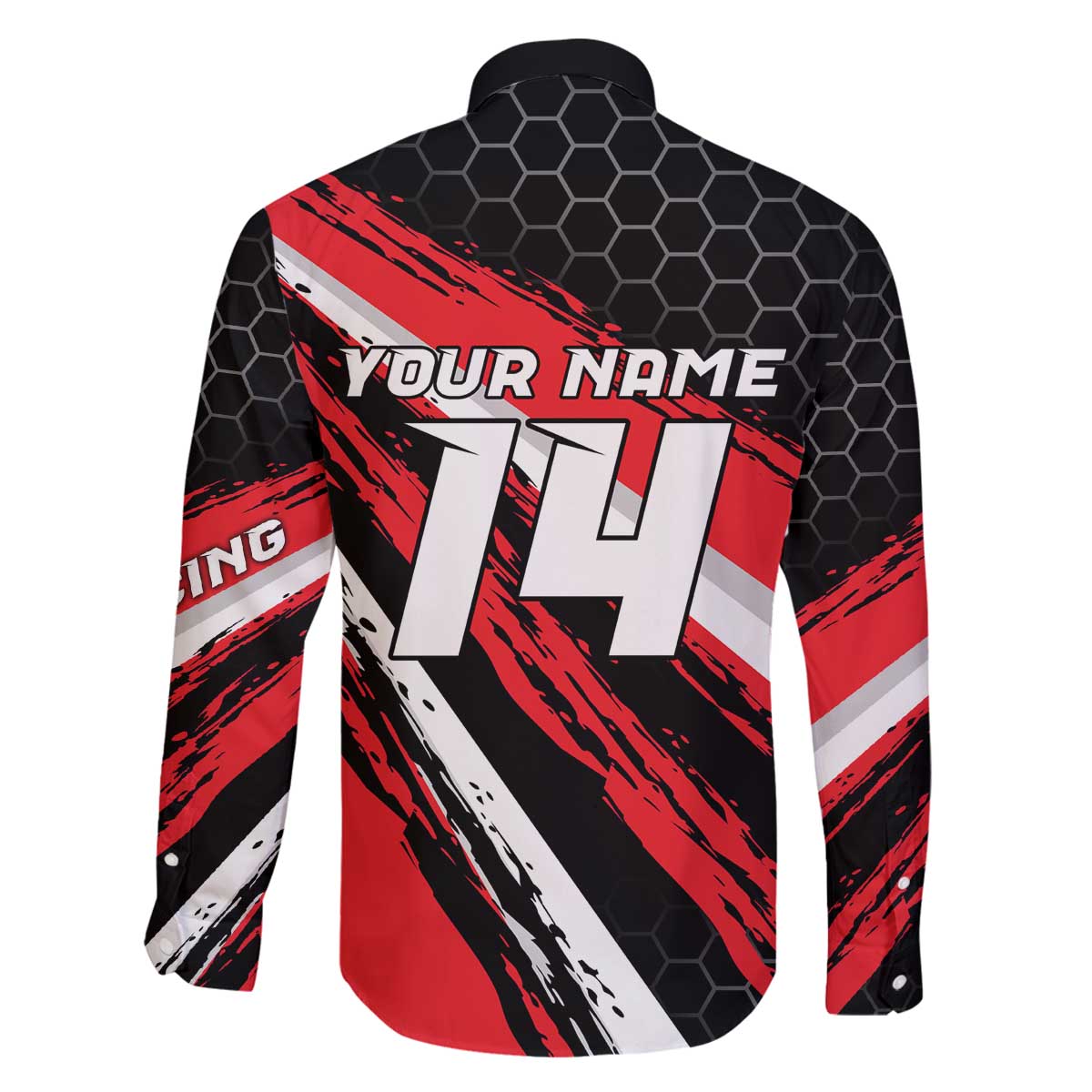 Custom Dirt Bike Family Matching Off The Shoulder Long Sleeve Dress and Hawaiian Shirt Motocross Rider Red Black Hex Pattern and Racing Number - Wonder Print Shop