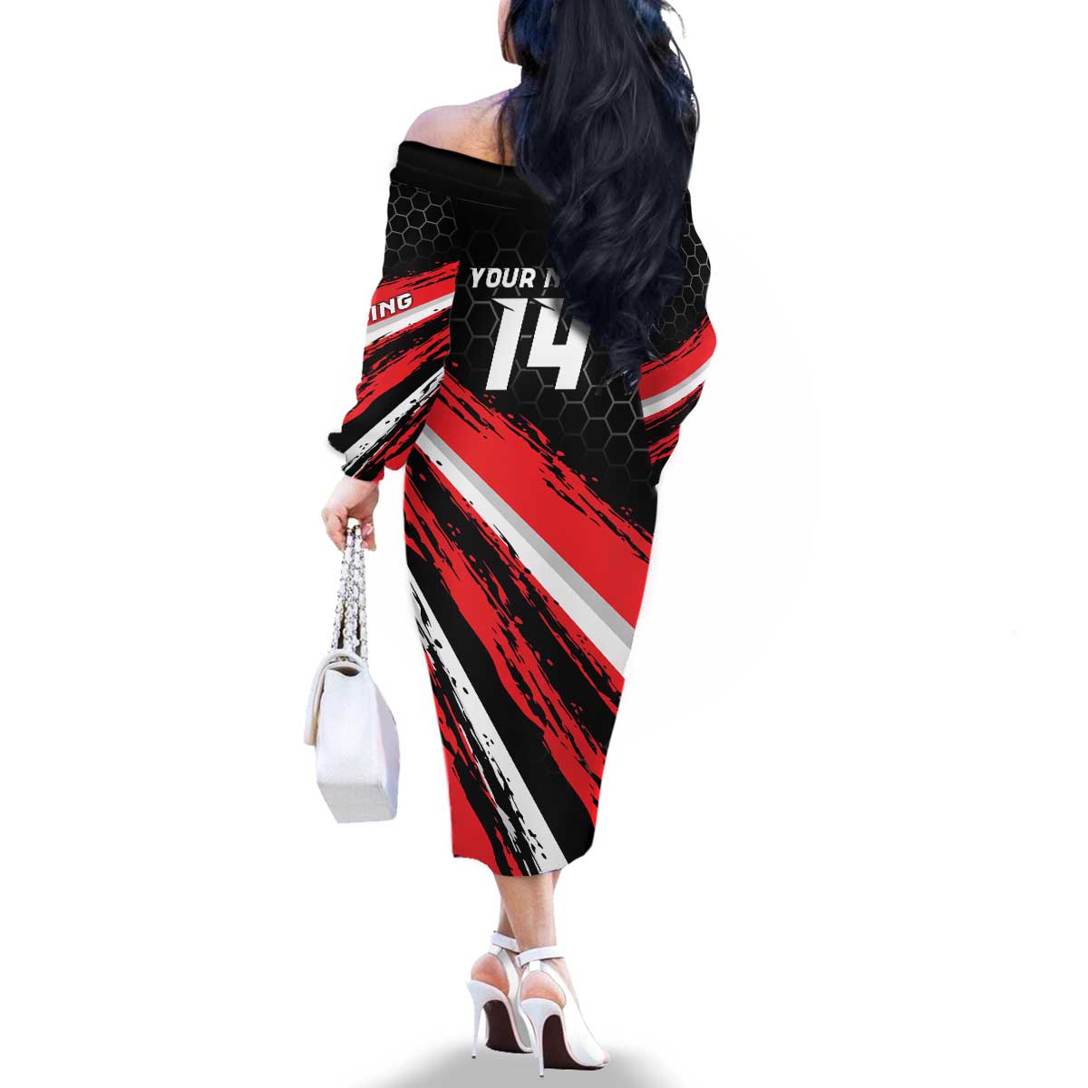 Custom Dirt Bike Family Matching Off The Shoulder Long Sleeve Dress and Hawaiian Shirt Motocross Rider Red Black Hex Pattern and Racing Number - Wonder Print Shop