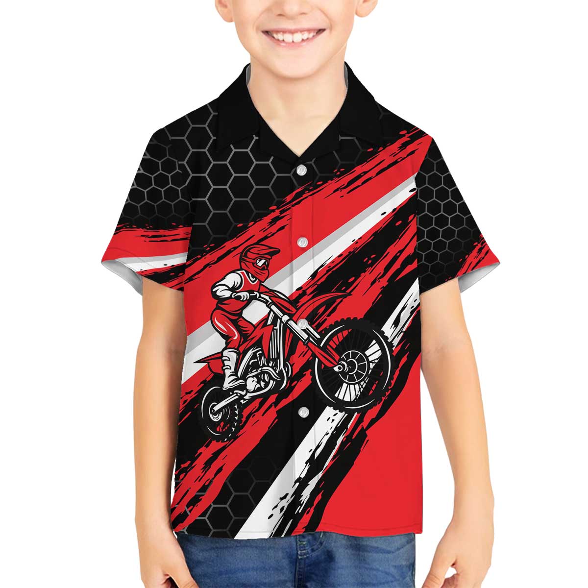 Custom Dirt Bike Family Matching Off The Shoulder Long Sleeve Dress and Hawaiian Shirt Motocross Rider Red Black Hex Pattern and Racing Number - Wonder Print Shop