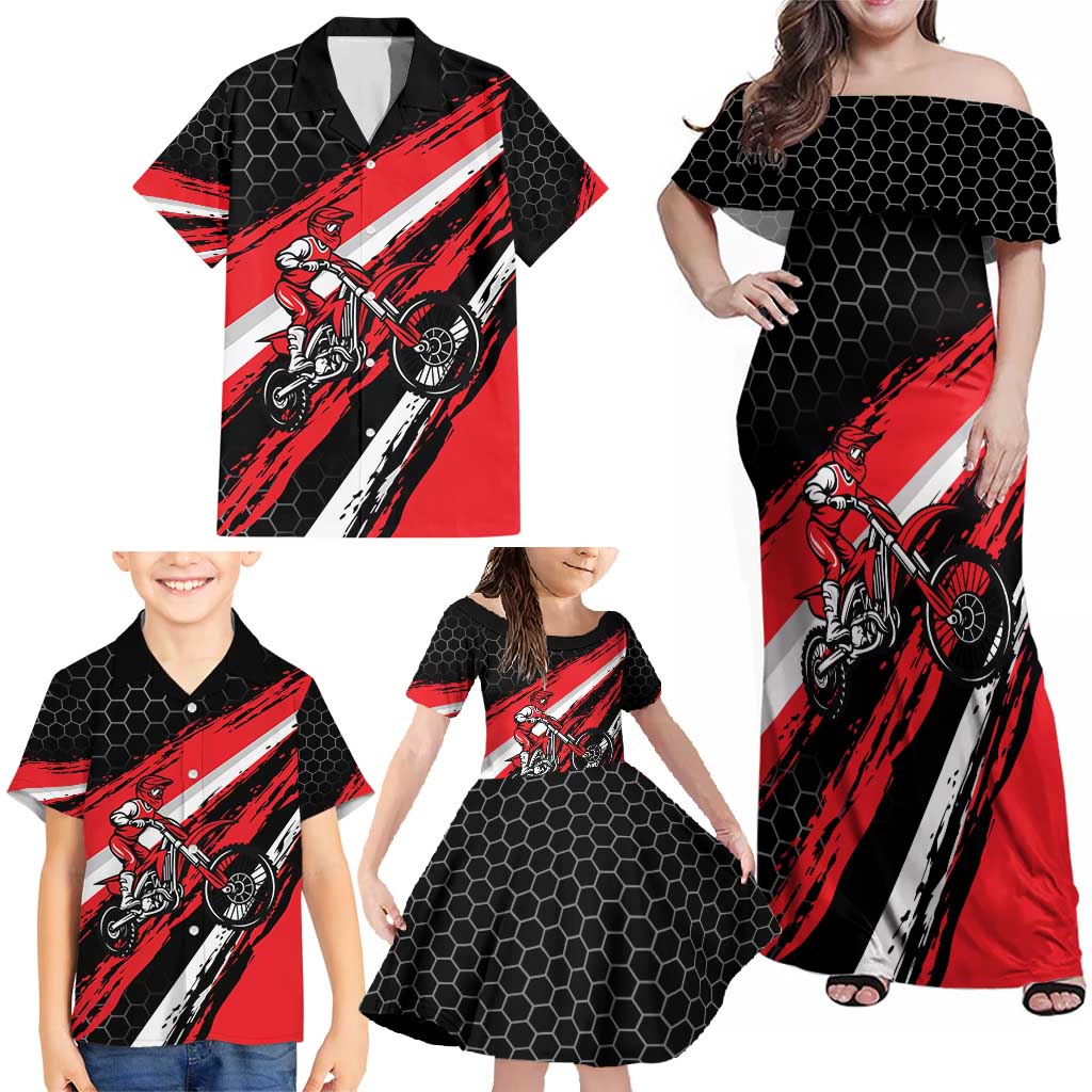 Custom Dirt Bike Family Matching Off Shoulder Maxi Dress and Hawaiian Shirt Motocross Rider Red Black Hex Pattern and Racing Number - Wonder Print Shop