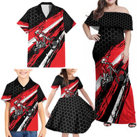 Custom Dirt Bike Family Matching Off Shoulder Maxi Dress and Hawaiian Shirt Motocross Rider Red Black Hex Pattern and Racing Number - Wonder Print Shop