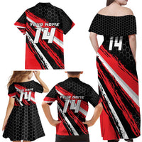 Custom Dirt Bike Family Matching Off Shoulder Maxi Dress and Hawaiian Shirt Motocross Rider Red Black Hex Pattern and Racing Number - Wonder Print Shop