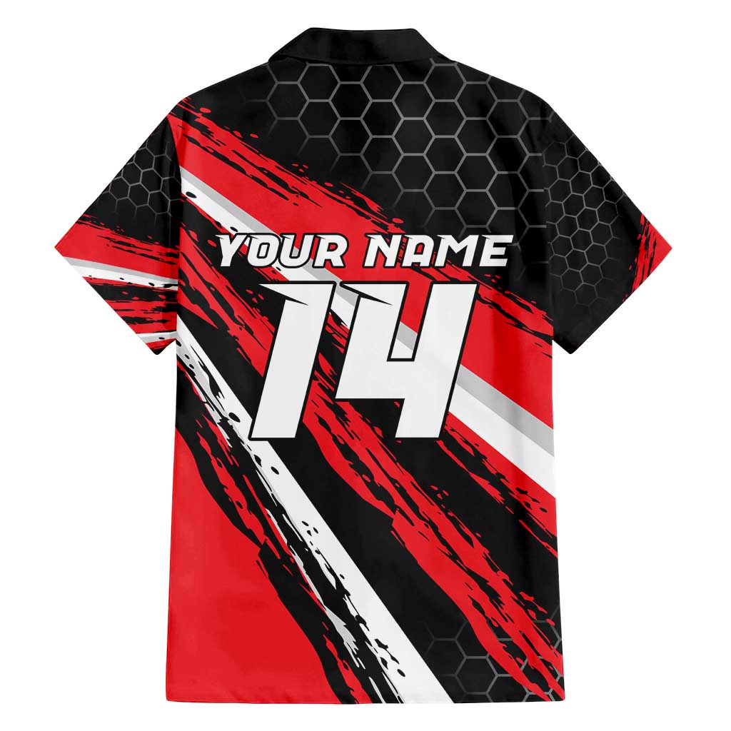 Custom Dirt Bike Family Matching Off Shoulder Maxi Dress and Hawaiian Shirt Motocross Rider Red Black Hex Pattern and Racing Number - Wonder Print Shop