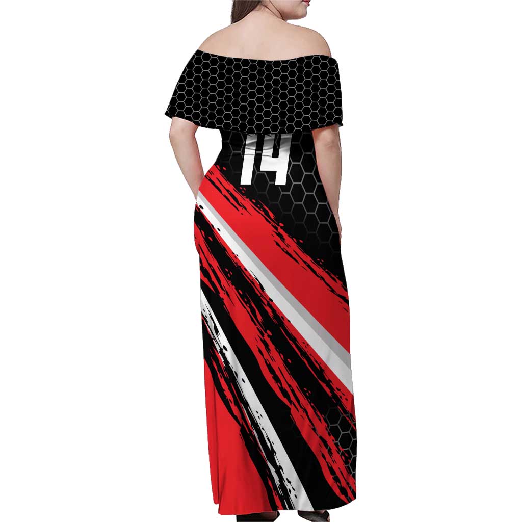 Custom Dirt Bike Family Matching Off Shoulder Maxi Dress and Hawaiian Shirt Motocross Rider Red Black Hex Pattern and Racing Number - Wonder Print Shop