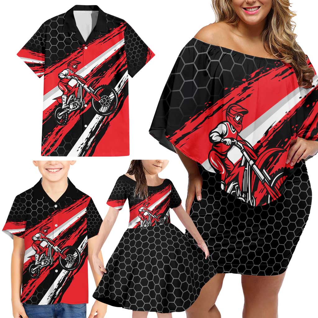 Custom Dirt Bike Family Matching Off Shoulder Short Dress and Hawaiian Shirt Motocross Rider Red Black Hex Pattern and Racing Number - Wonder Print Shop