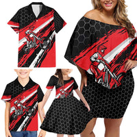 Custom Dirt Bike Family Matching Off Shoulder Short Dress and Hawaiian Shirt Motocross Rider Red Black Hex Pattern and Racing Number - Wonder Print Shop