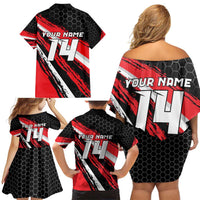 Custom Dirt Bike Family Matching Off Shoulder Short Dress and Hawaiian Shirt Motocross Rider Red Black Hex Pattern and Racing Number - Wonder Print Shop