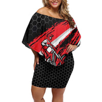 Custom Dirt Bike Family Matching Off Shoulder Short Dress and Hawaiian Shirt Motocross Rider Red Black Hex Pattern and Racing Number - Wonder Print Shop