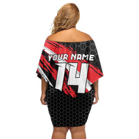 Custom Dirt Bike Family Matching Off Shoulder Short Dress and Hawaiian Shirt Motocross Rider Red Black Hex Pattern and Racing Number - Wonder Print Shop